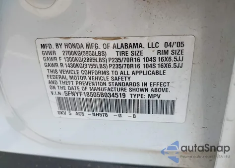 2005 Honda Pilot Ex-L from USA, damaged, VIN 5FNYF18505B034519